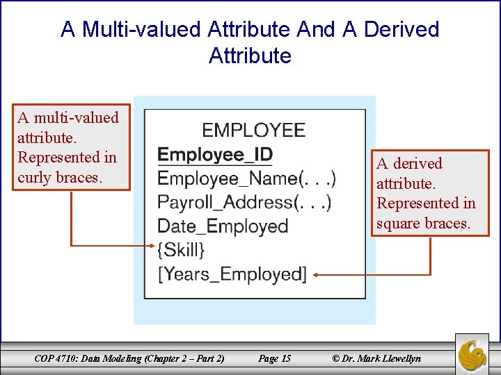 A Multi-valued Attribute And A Derived Attribute A multi-valued attribute. Represented in curly braces. A Multi-valued Attribute And A Derived Attribute A multi-valued attribute. Represented in curly braces.