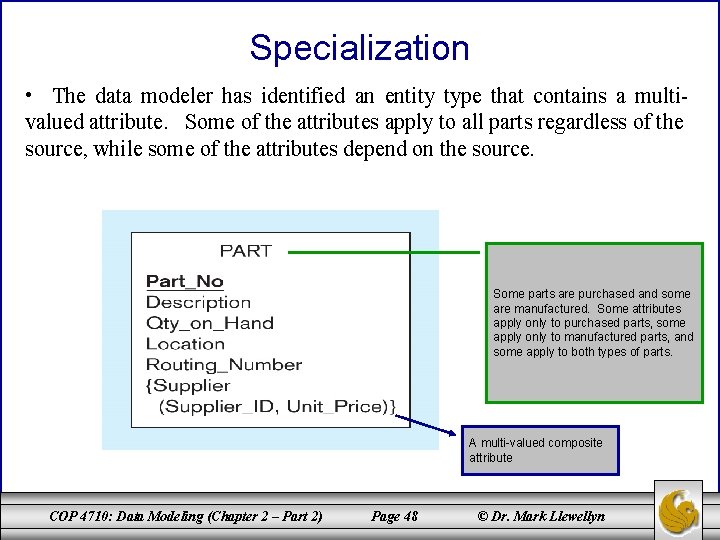 Specialization • The data modeler has identified an entity type that contains a multivalued Specialization • The data modeler has identified an entity type that contains a multivalued