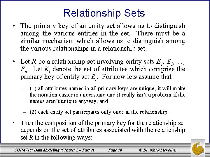 Relationship Sets • The primary key of an entity set allows us to distinguish Relationship Sets • The primary key of an entity set allows us to distinguish