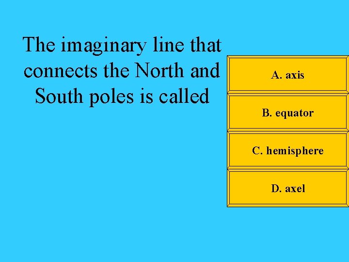 The imaginary line that connects the North and South poles is called A. axis
