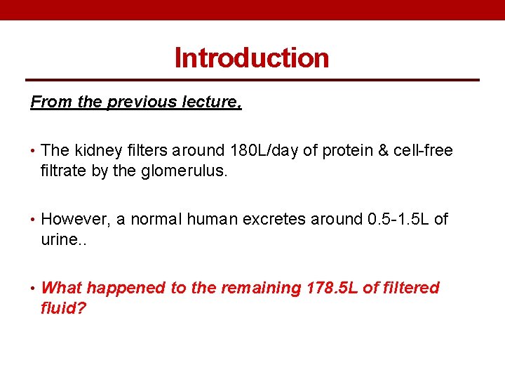 Introduction From the previous lecture, • The kidney filters around 180 L/day of protein