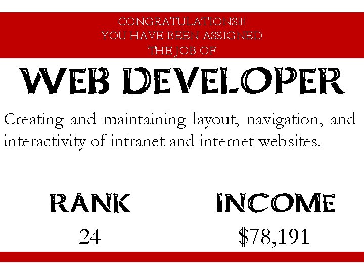 CONGRATULATIONS!!! YOU HAVE BEEN ASSIGNED THE JOB OF WEB DEVELOPER Creating and maintaining layout,