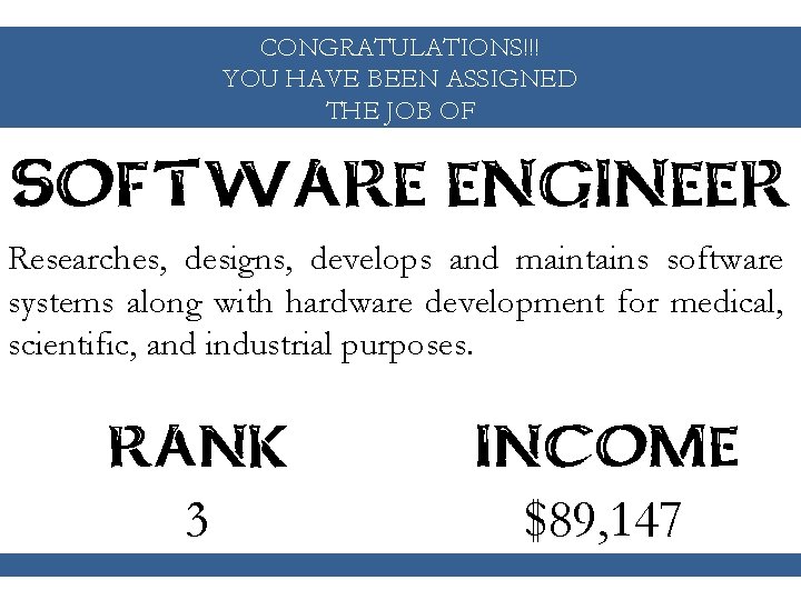 CONGRATULATIONS!!! YOU HAVE BEEN ASSIGNED THE JOB OF SOFTWARE ENGINEER Researches, designs, develops and