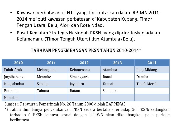  • Kawasan perbatasan di NTT yang diprioritaskan dalam RPJMN 20102014 meliputi kawasan perbatasan
