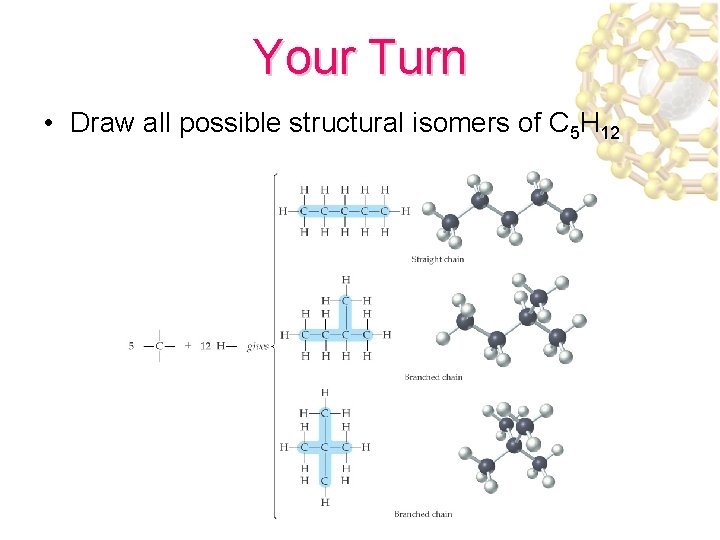 Your Turn • Draw all possible structural isomers of C 5 H 12 