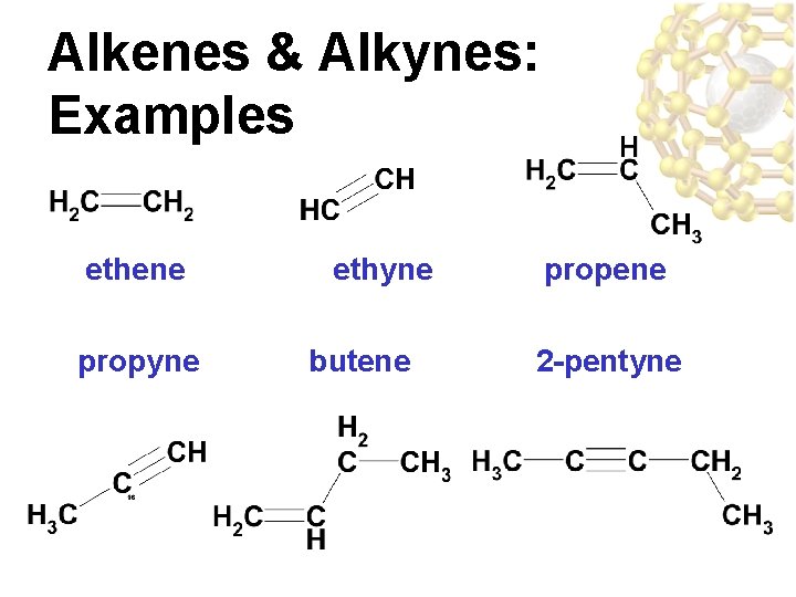 Alkenes & Alkynes: Examples ethene propyne ethyne butene propene 2 -pentyne 