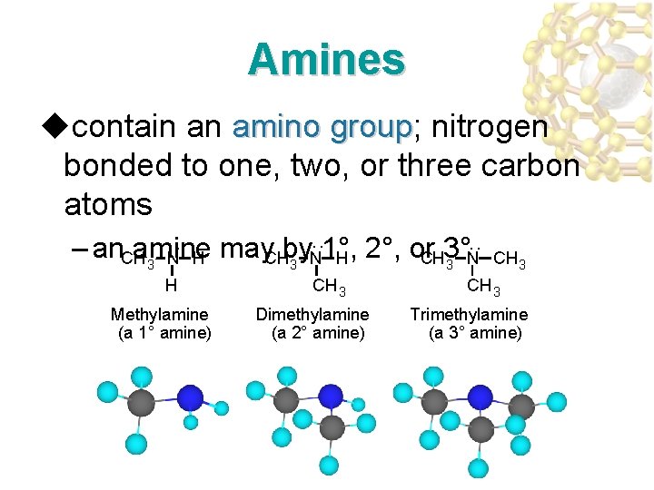 Amines ucontain an amino group; group nitrogen bonded to one, two, or three carbon