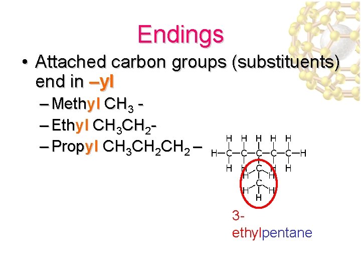 Endings • Attached carbon groups (substituents) end in –yl – Methyl CH 3 –