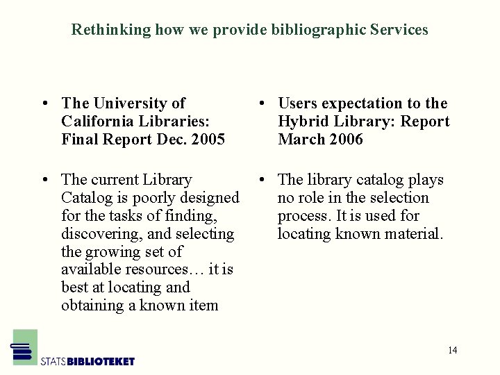 Rethinking how we provide bibliographic Services • The University of California Libraries: Final Report