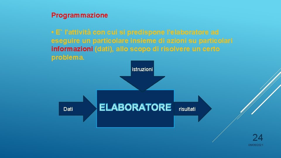 Programmazione • E` l'attività con cui si predispone l'elaboratore ad eseguire un particolare insieme