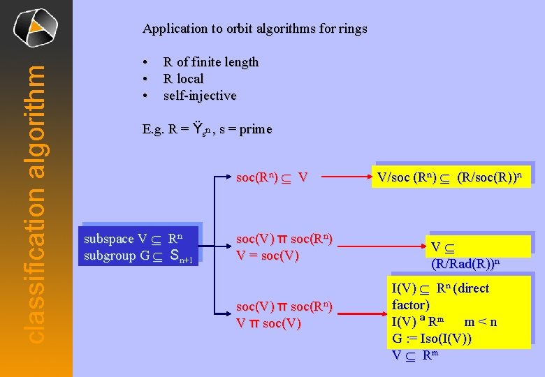 classification algorithm Application to orbit algorithms for rings • • • R of finite