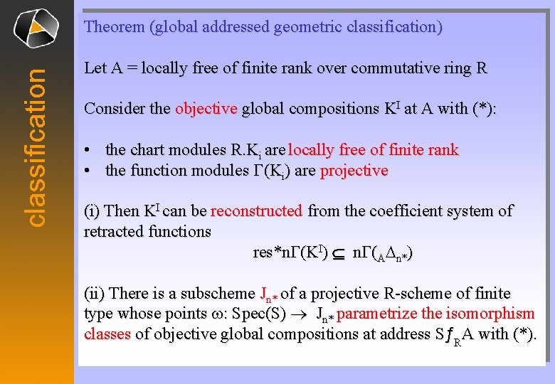 classification Theorem (global addressed geometric classification) Let A = locally free of finite rank