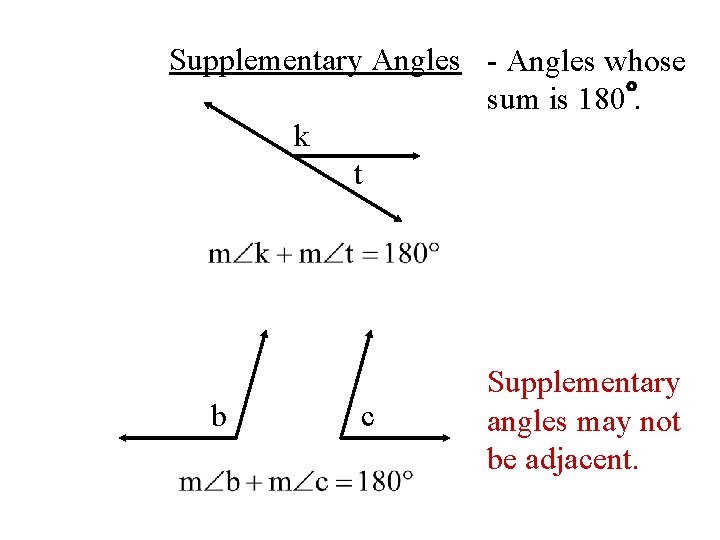 Supplementary Angles - Angles whose sum is 180. k t b c Supplementary angles