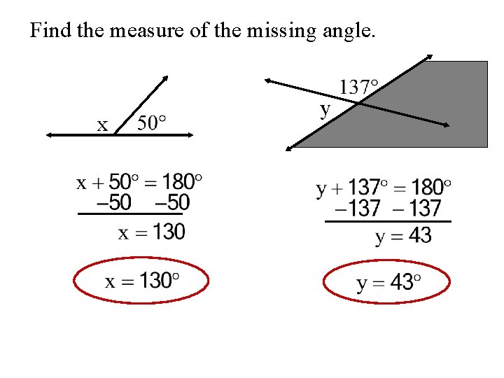Find the measure of the missing angle. x y 