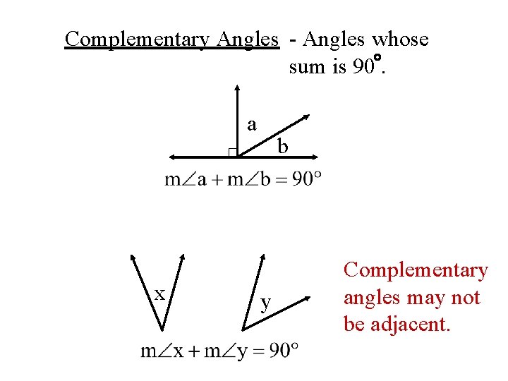 Complementary Angles - Angles whose sum is 90. a x b y Complementary angles