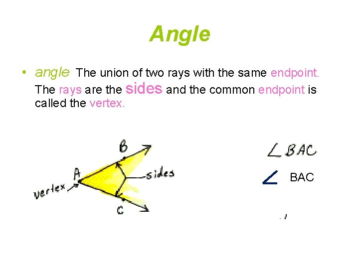 Angle • angle The union of two rays with the same endpoint. The rays