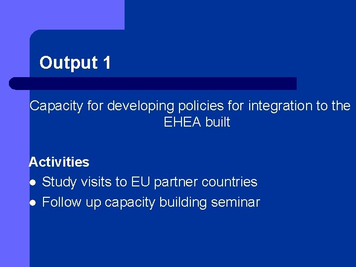 Output 1 Capacity for developing policies for integration to the EHEA built Activities l