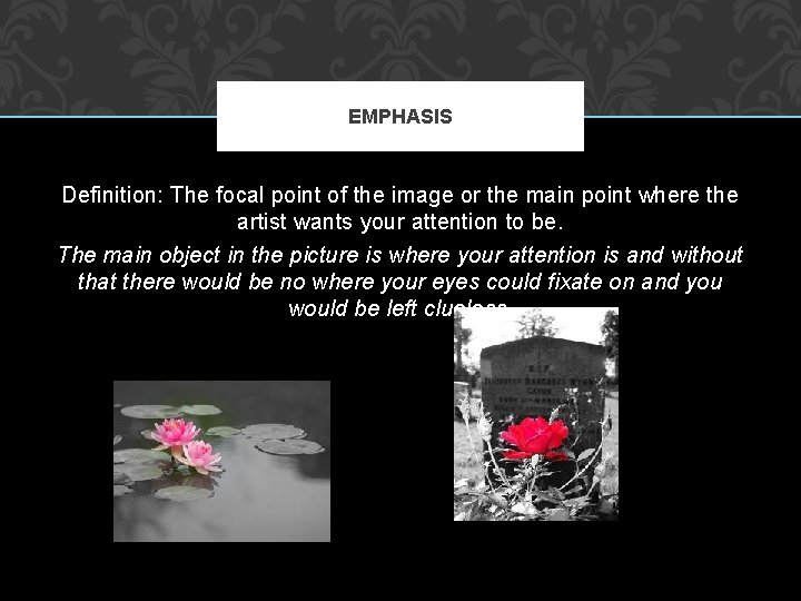 EMPHASIS Definition: The focal point of the image or the main point where the