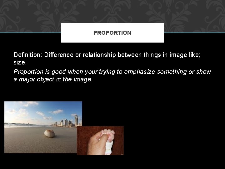 PROPORTION Definition: Difference or relationship between things in image like; size. Proportion is good