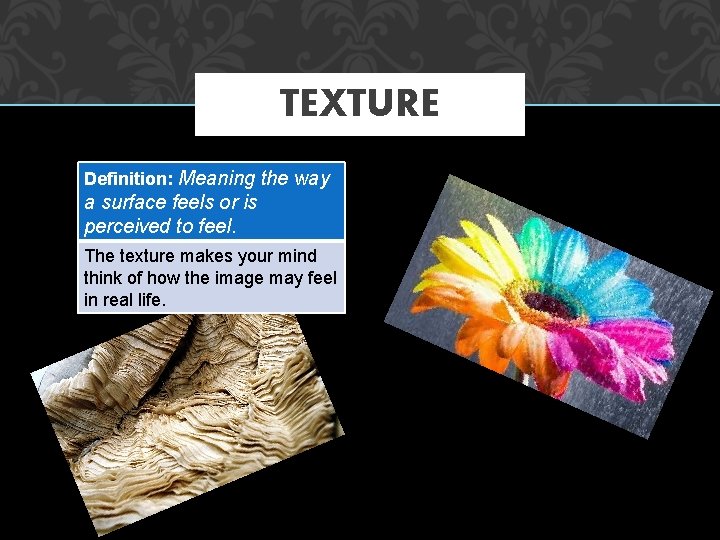 TEXTURE Definition: Meaning the way a surface feels or is perceived to feel. The