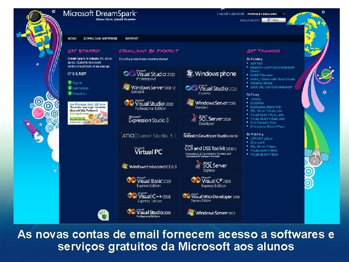 As novas contas de email fornecem acesso a softwares e serviços gratuitos da Microsoft