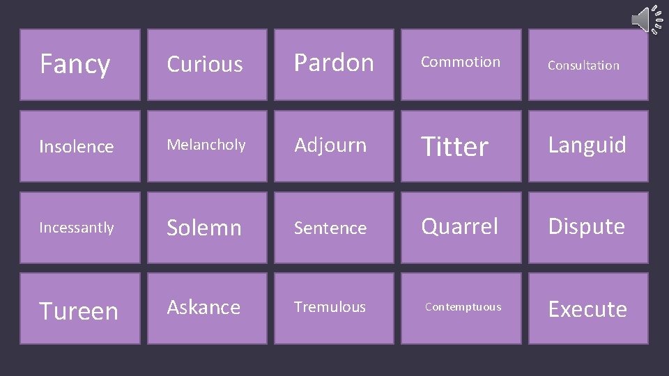 Fancy Curious Pardon Commotion Consultation Insolence Melancholy Adjourn Titter Languid Incessantly Solemn Sentence Quarrel