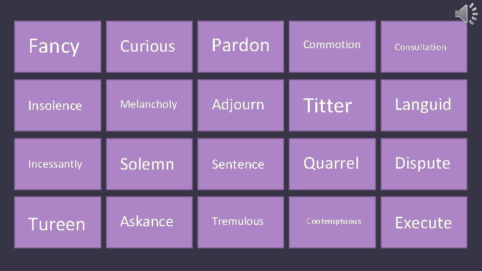 Fancy Curious Pardon Commotion Consultation Insolence Melancholy Adjourn Titter Languid Incessantly Solemn Sentence Quarrel