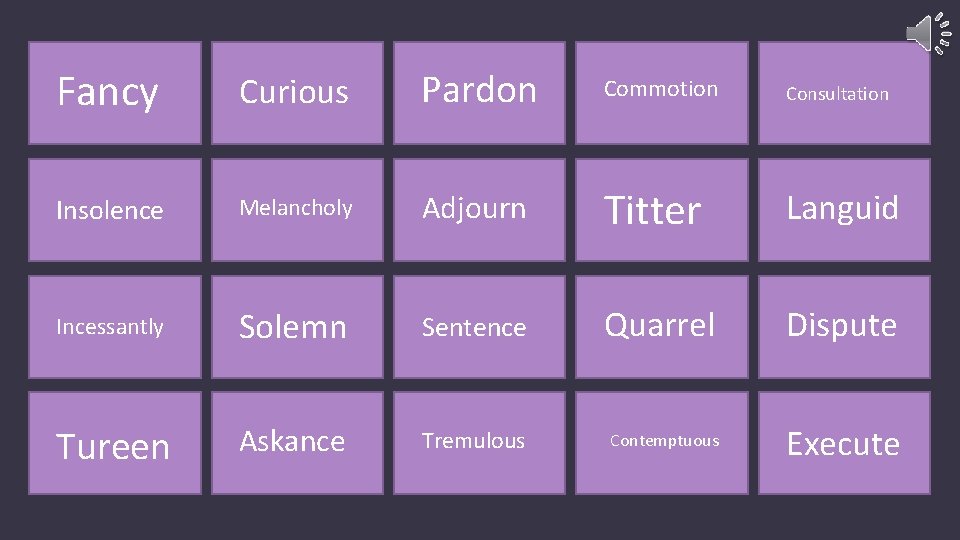 Fancy Curious Pardon Commotion Consultation Insolence Melancholy Adjourn Titter Languid Incessantly Solemn Sentence Quarrel