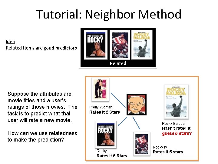 Tutorial: Neighbor Method Idea Related items are good predictors Related Suppose the attributes are