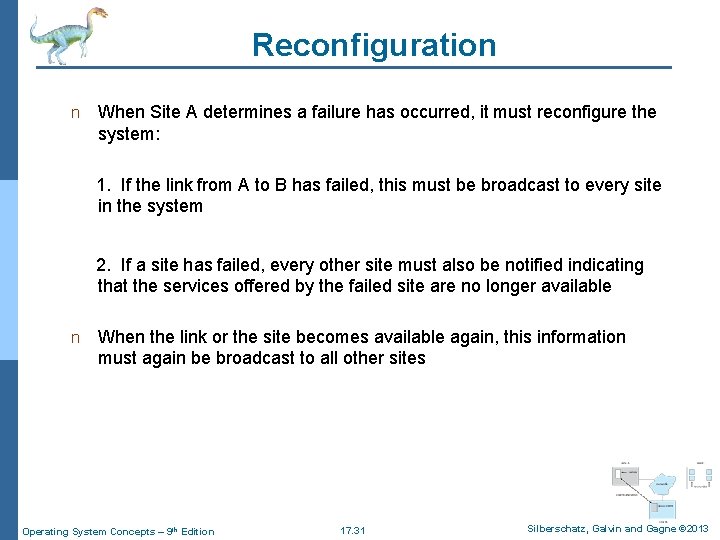 Reconfiguration n When Site A determines a failure has occurred, it must reconfigure the