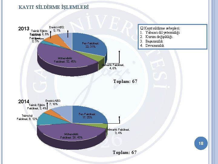 KAYIT SİLDİRME İŞLEMLERİ 2013 Teknik Eğitim Fakültesi, Teknoloji 6, 8% Fakültesi; 2; 3% Enstitü