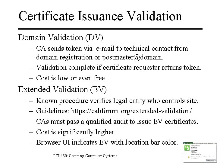 Certificate Issuance Validation Domain Validation (DV) – CA sends token via e-mail to technical
