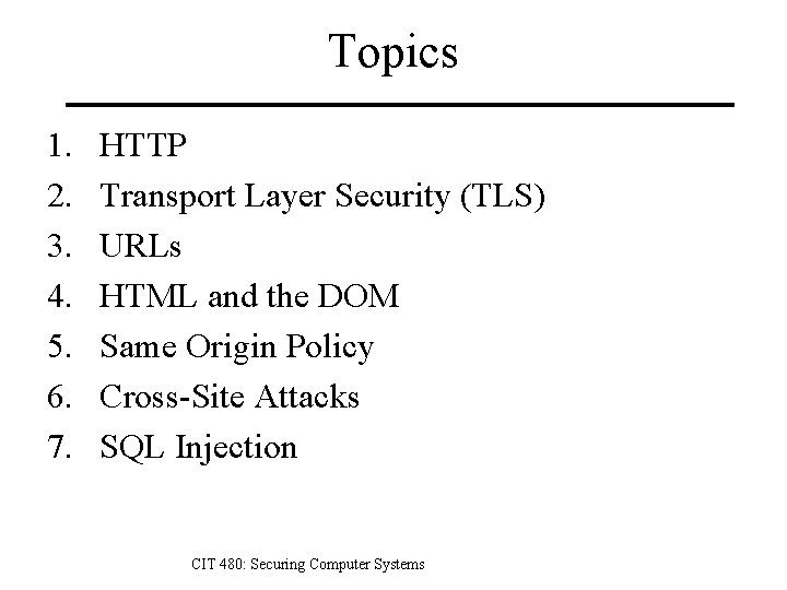 Topics 1. 2. 3. 4. 5. 6. 7. HTTP Transport Layer Security (TLS) URLs