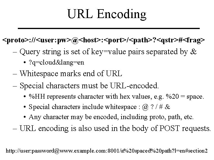 URL Encoding <proto>: //<user: pw>@<host>: <port>/<path>? <qstr>#<frag> – Query string is set of key=value