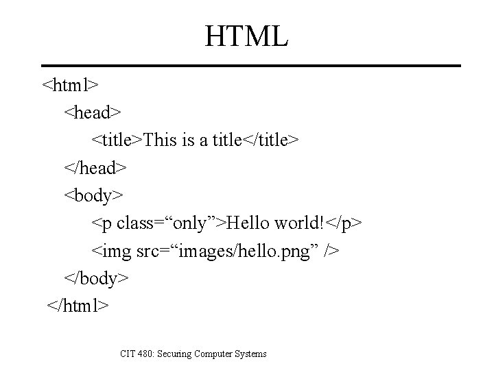 HTML <html> <head> <title>This is a title</title> </head> <body> <p class=“only”>Hello world!</p> <img src=“images/hello.