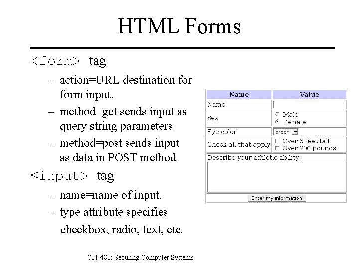 HTML Forms <form> tag – action=URL destination form input. – method=get sends input as