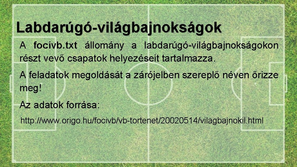 Labdarúgó-világbajnokságok A focivb. txt állomány a labdarúgó-világbajnokságokon részt vevő csapatok helyezéseit tartalmazza. A feladatok