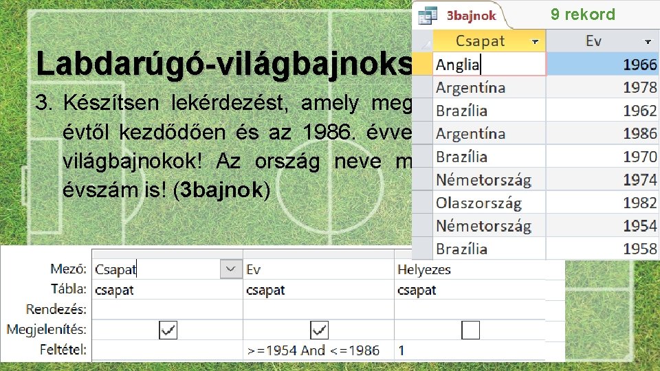 9 rekord Labdarúgó-világbajnokságok 3. Készítsen lekérdezést, amely megadja, hogy az 1954. évtől kezdődően és