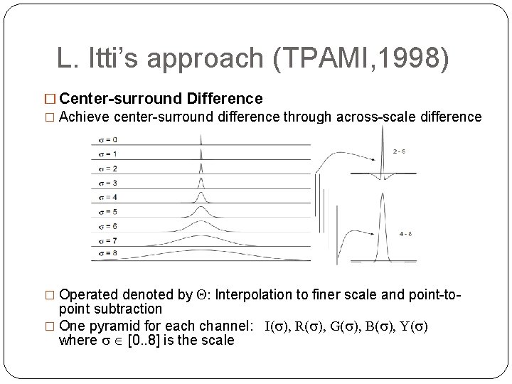 L. Itti’s approach (TPAMI, 1998) � Center-surround Difference � Achieve center-surround difference through across-scale