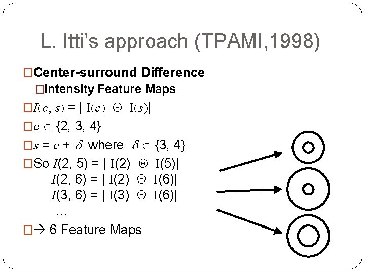 L. Itti’s approach (TPAMI, 1998) �Center-surround Difference �Intensity Feature Maps �I(c, s) = |