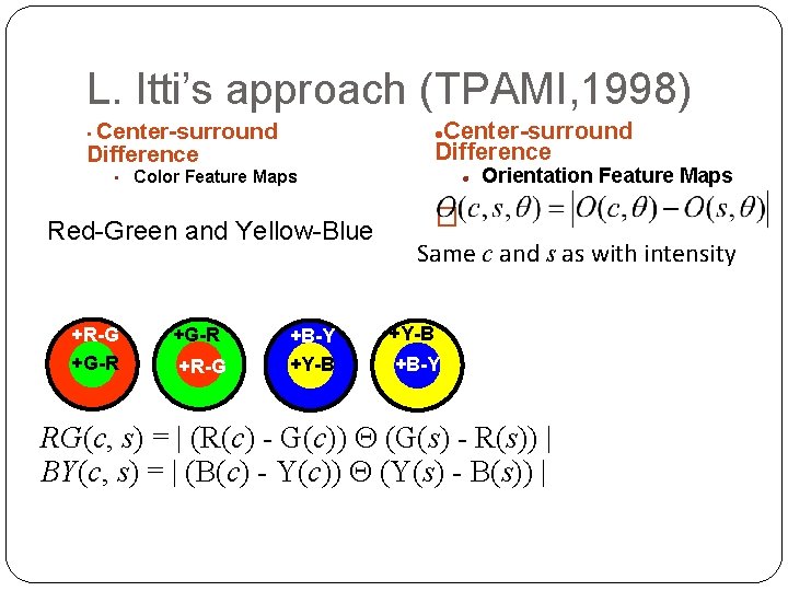 L. Itti’s approach (TPAMI, 1998) Center-surround Difference • l • Color Feature Maps Red-Green
