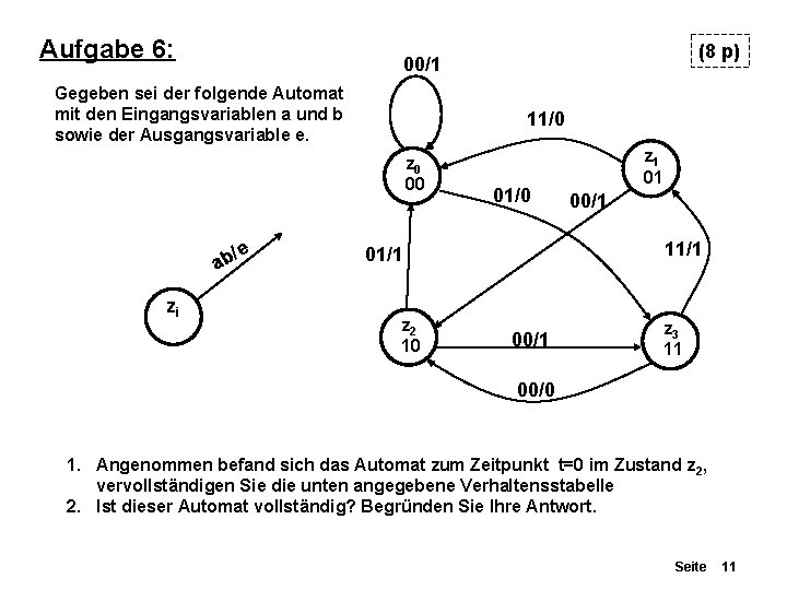 Aufgabe 6: Gegeben sei der folgende Automat mit den Eingangsvariablen a und b sowie