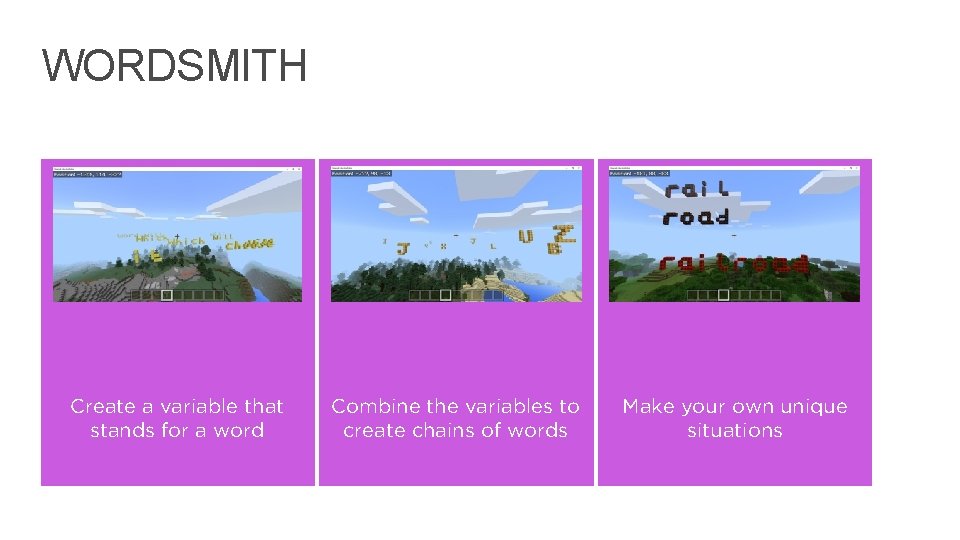 WORDSMITH Create a variable that stands for a word Combine the variables to create