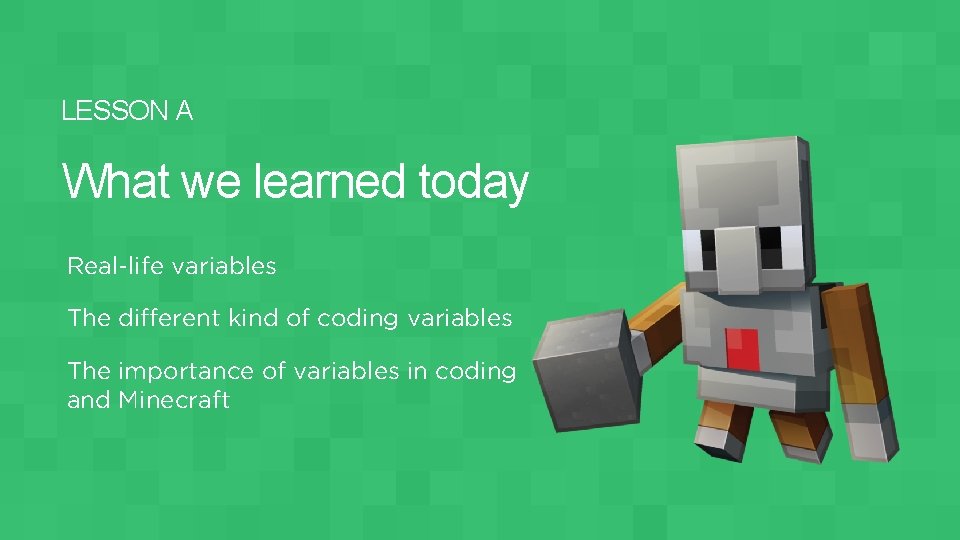 LESSON A What we learned today Real-life variables The different kind of coding variables