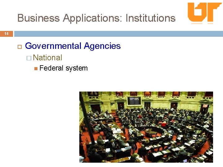 Business Applications: Institutions 14 Governmental Agencies � National Federal system 