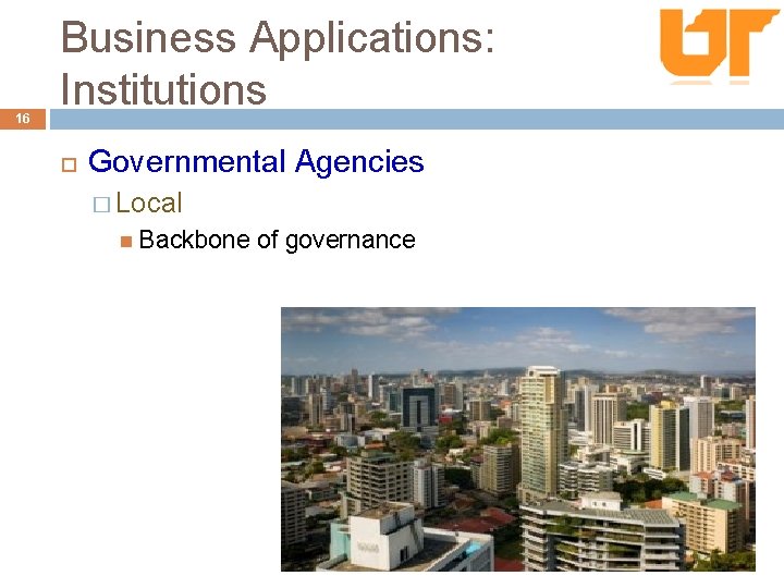 16 Business Applications: Institutions Governmental Agencies � Local Backbone of governance 