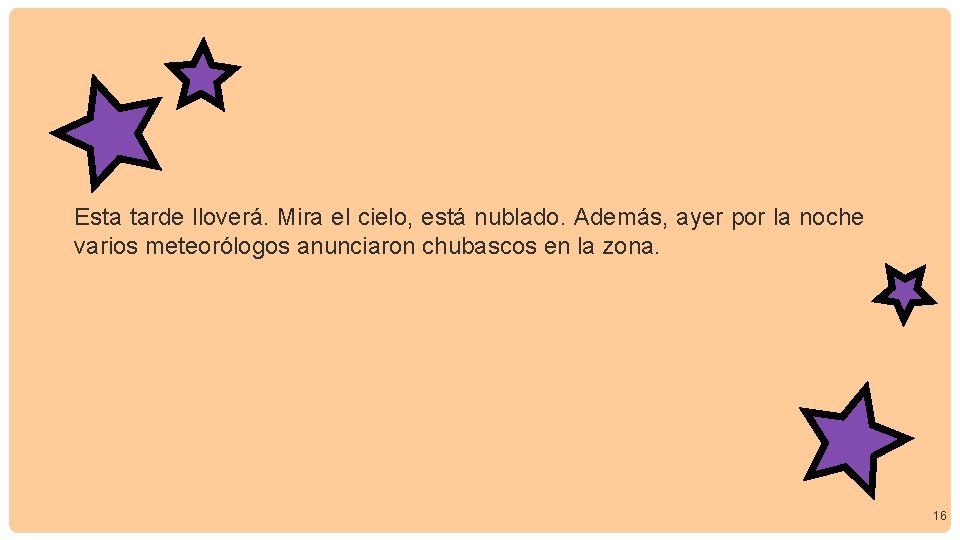 Esta tarde lloverá. Mira el cielo, está nublado. Además, ayer por la noche varios