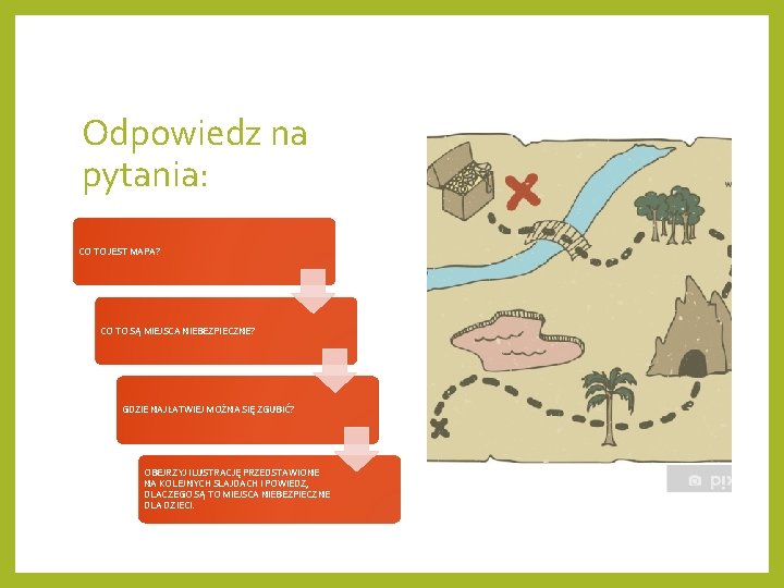 Odpowiedz na pytania: CO TO JEST MAPA? CO TO SĄ MIEJSCA NIEBEZPIECZNE? GDZIE NAJŁATWIEJ