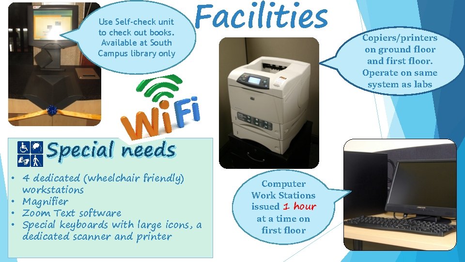 Use Self-check unit to check out books. Available at South Campus library only Facilities