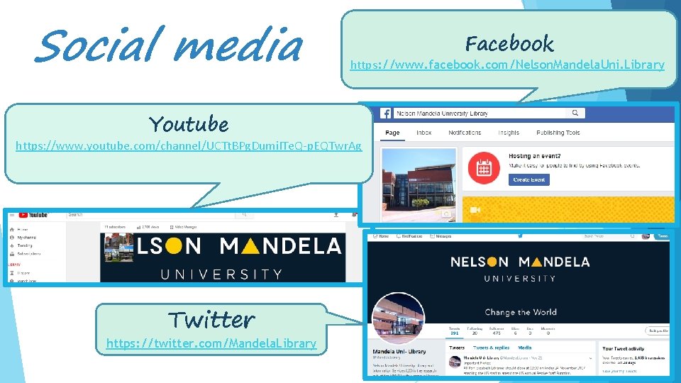 Social media Youtube https: //www. facebook. com/Nelson. Mandela. Uni. Library https: //www. youtube. com/channel/UCTt.